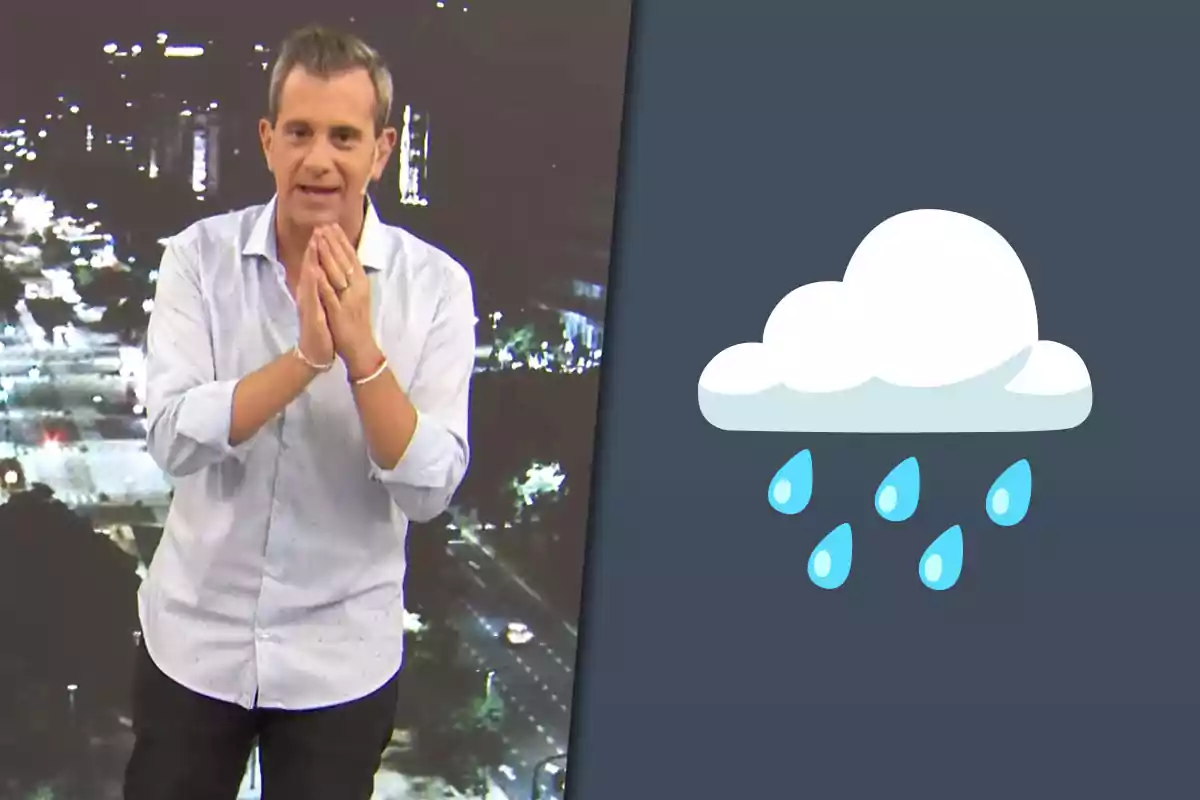 Man standing with a light-colored jersey in a television studio next to a cloud graphic with raindrops against a dark background