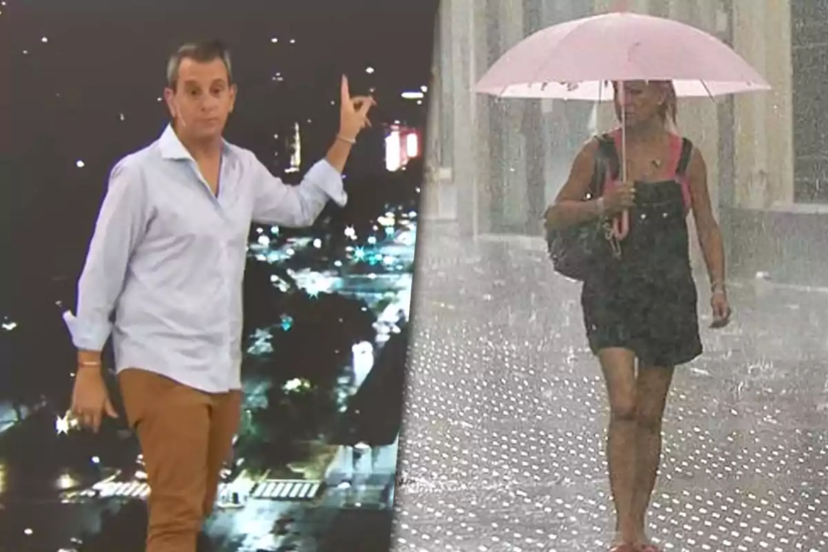 A man points at something in a television studio while a woman walks in the rain with a pink umbrella.