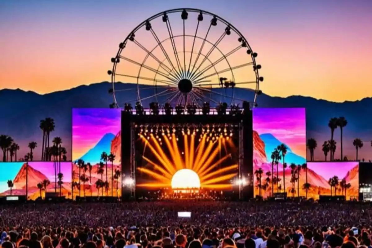 Una multitud disfruta de un concierto al atardecer con una noria y montañas al fondo.