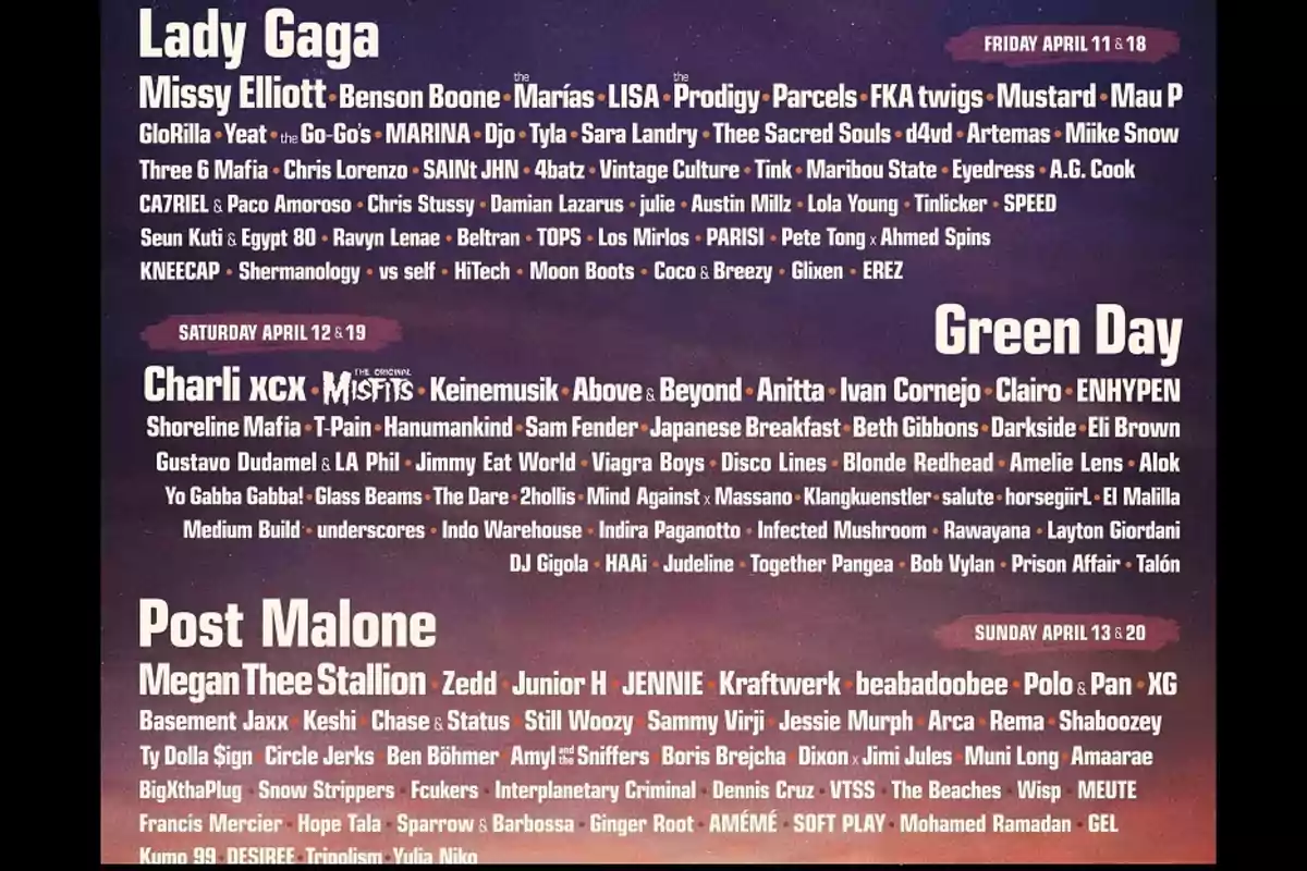 Cartel de un festival de música con artistas como Lady Gaga, Missy Elliott, Green Day, Charli XCX y Post Malone, entre otros, programados para actuar en diferentes fechas de abril.