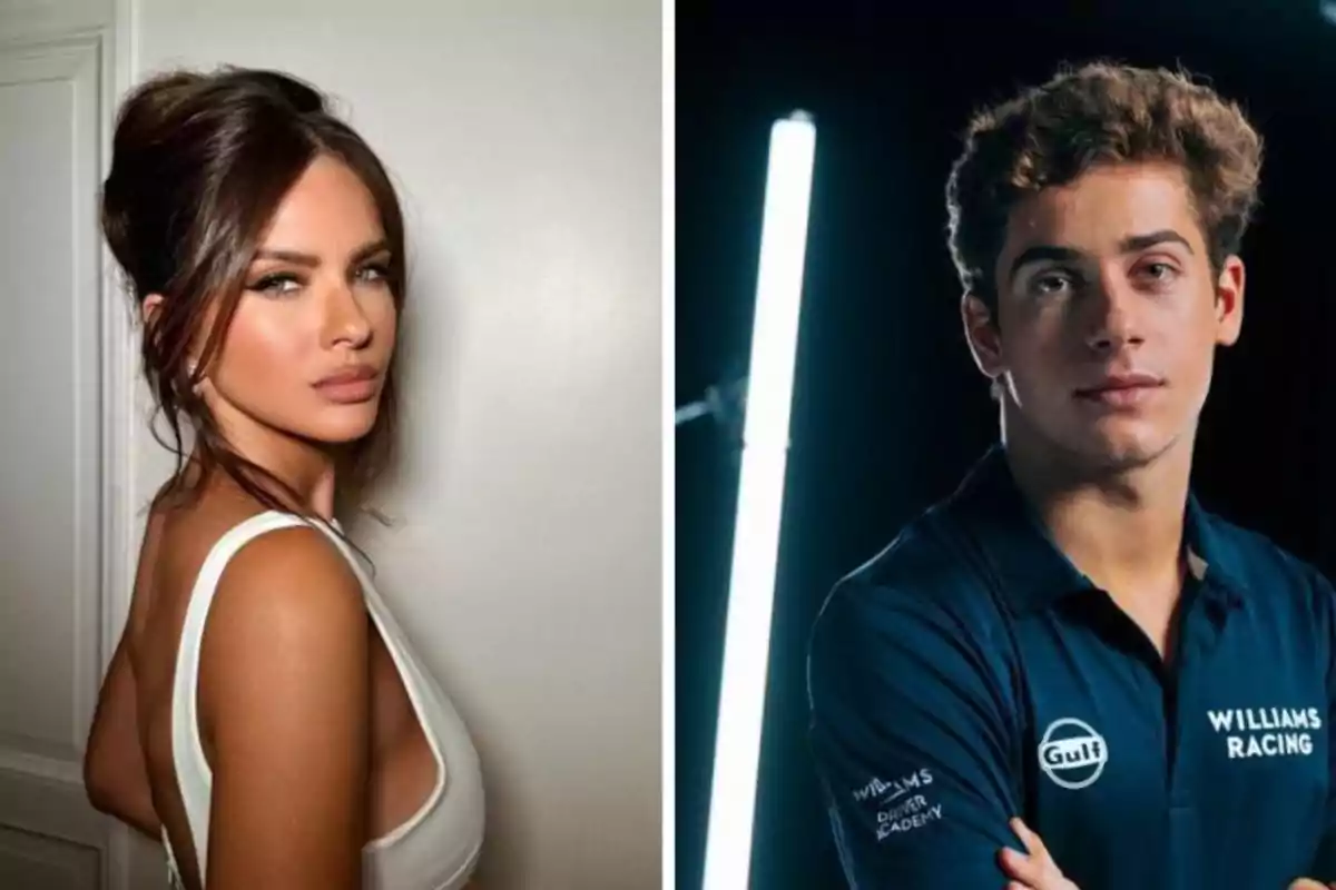 Una mujer con cabello oscuro y recogido posa de perfil en un entorno interior mientras un hombre joven con cabello rizado lleva una camiseta de Williams Racing en un ambiente iluminado con luces verticales.