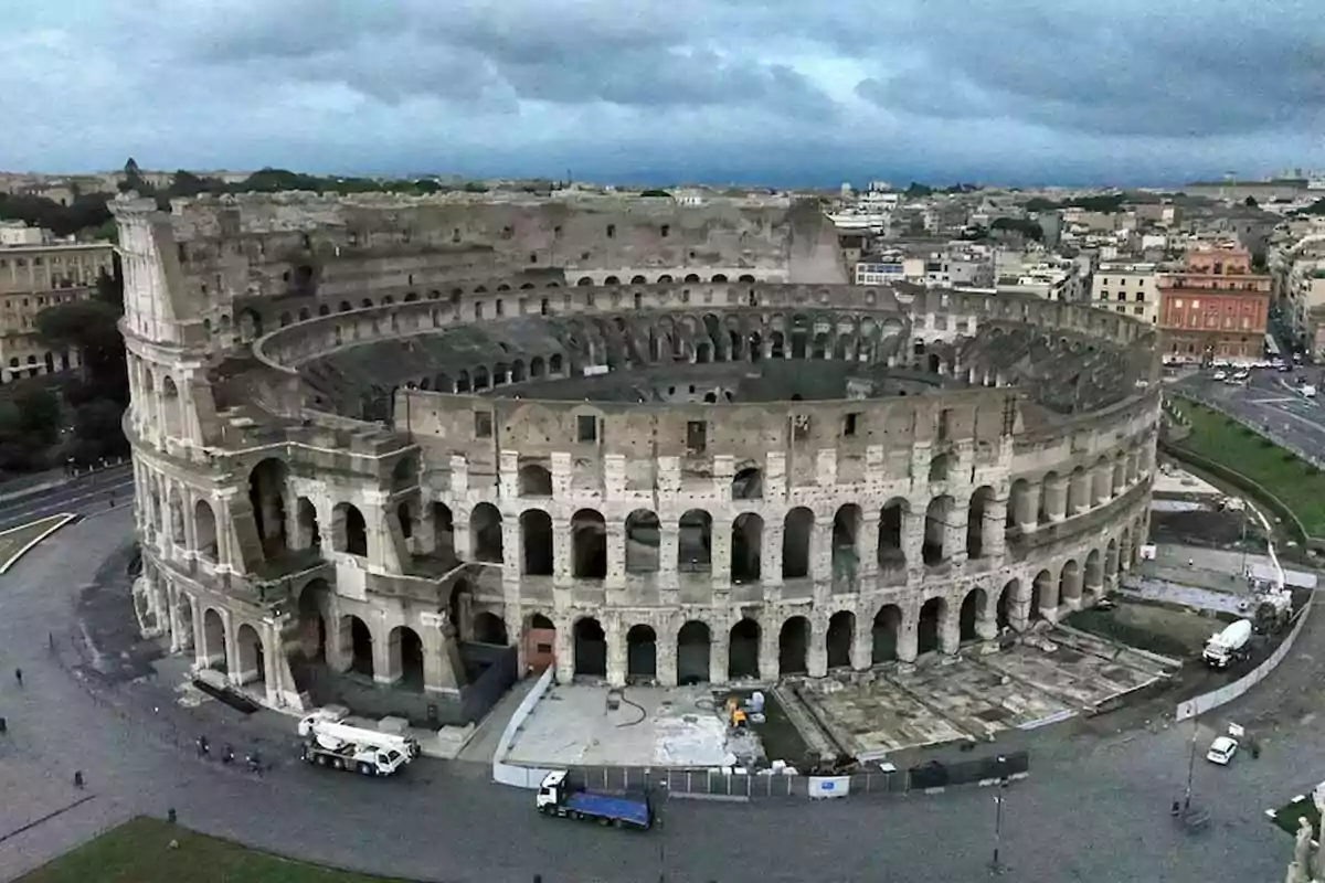 Aerial view of the Colosseum in Rome on a cloudy day. Aerial view of the Colosseum in Rome on a cloudy day.
