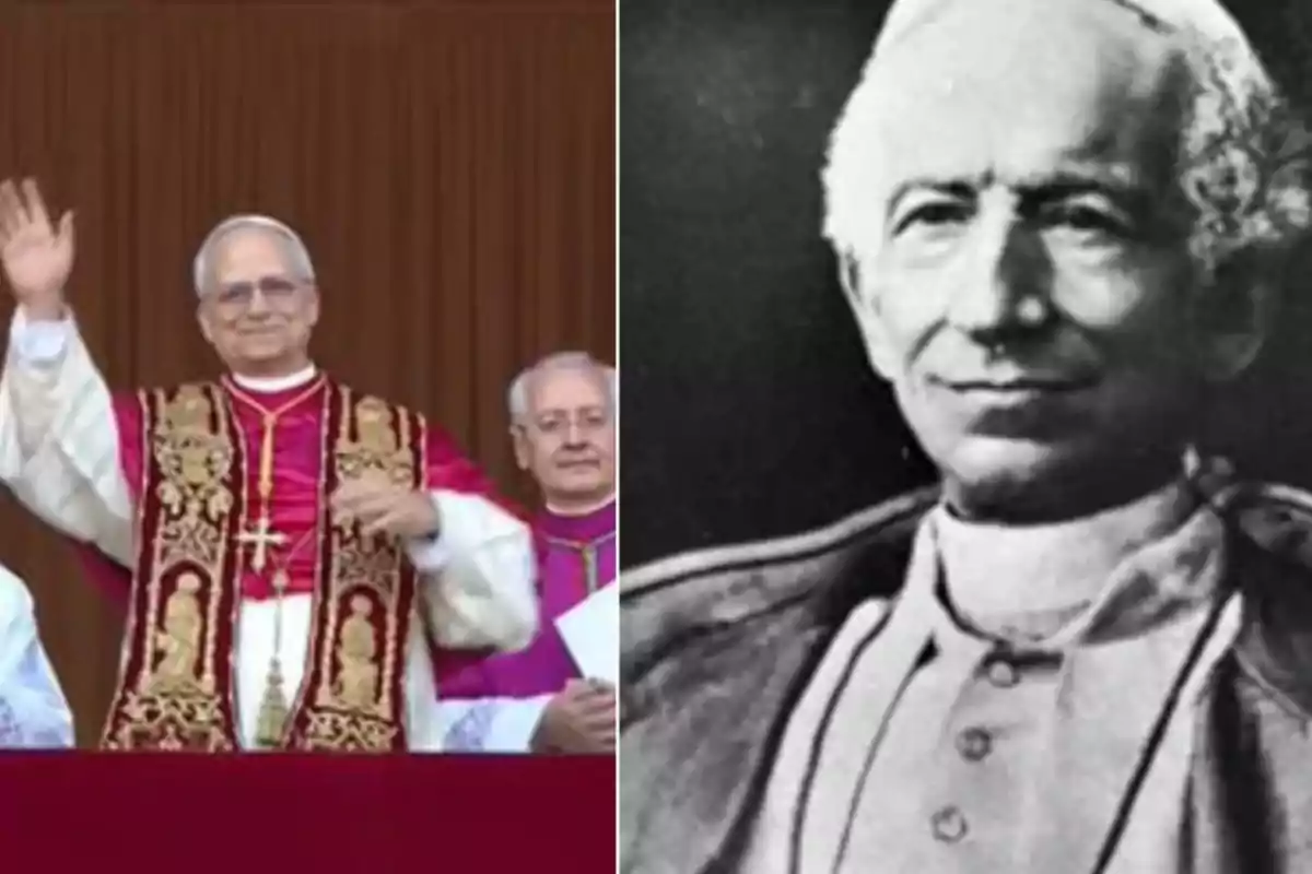 Un grupo de clérigos en una ceremonia religiosa junto a una fotografía en blanco y negro de un hombre mayor con vestimenta clerical.