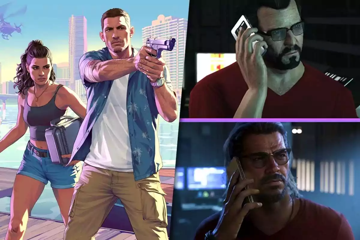Two animated characters in a coastal city with tall buildings and a helicopter in the background on the left, and two bearded men with glasses talking on the phone in dark settings on the right.