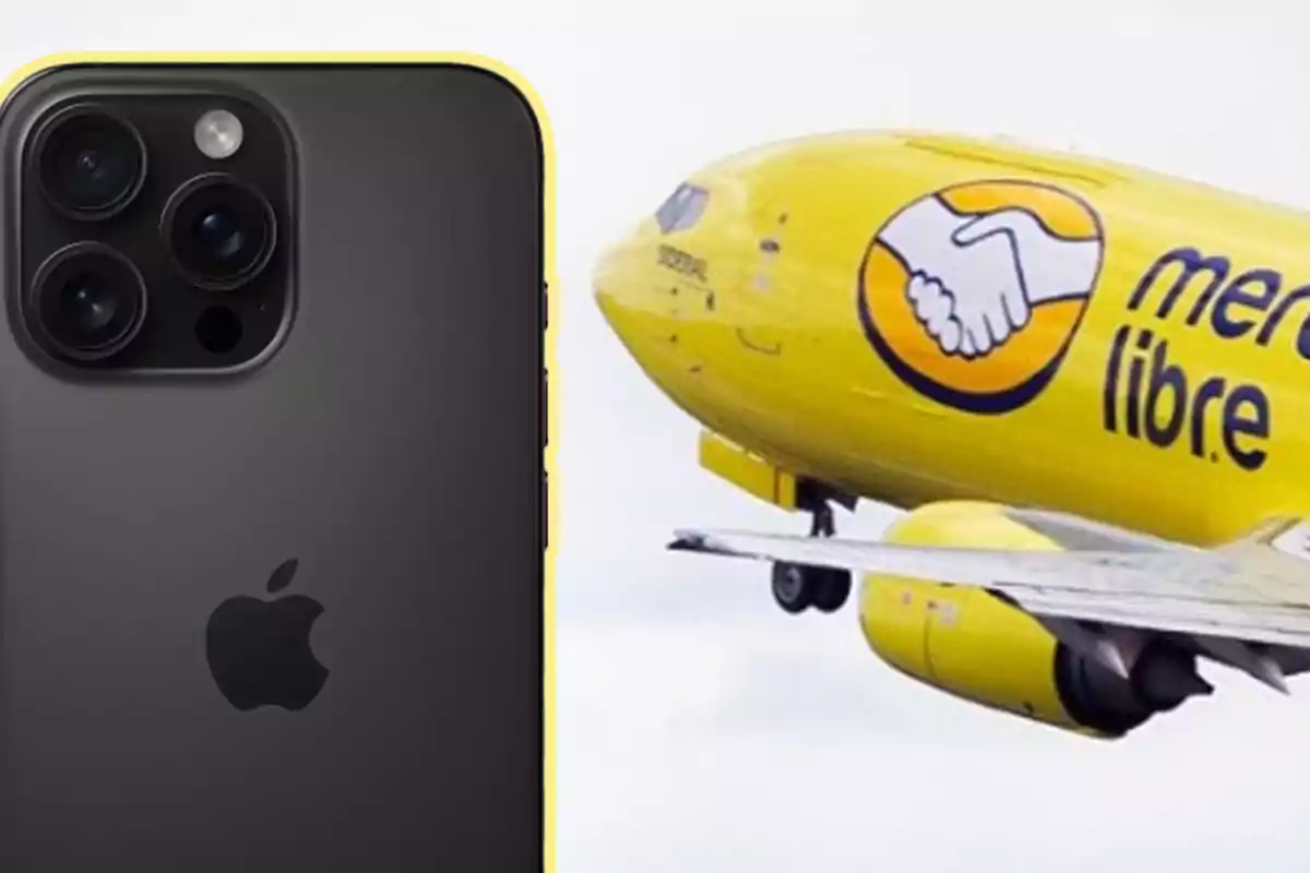 iPhone 16 negro con borde amarillo junto a un avión amarillo de Mercado Libre con compra internacional.