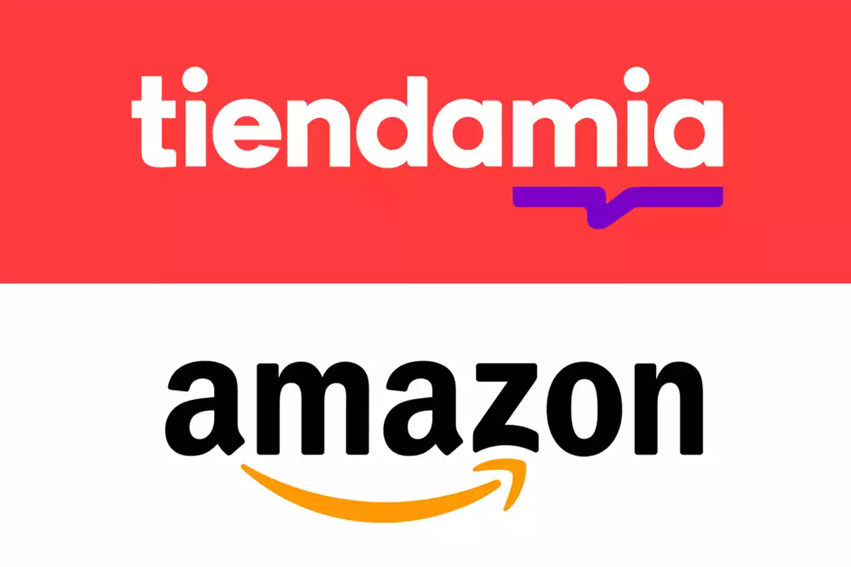 Logotipos de Tiendamia y Amazon en un diseño dividido horizontalmente.