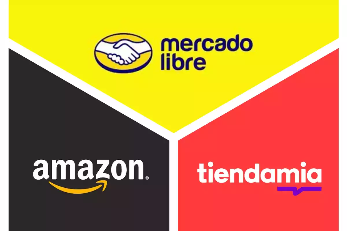 Logotipos de Mercado Libre, Amazon y Tiendamia comparandose para ver cuál es mejor para compras internacionales.