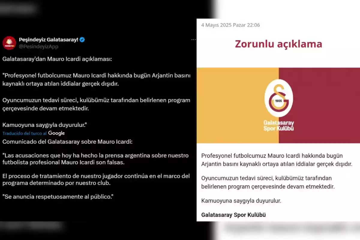 The Galatasaray club issues a statement denying the accusations from the Argentine press about Mauro Icardi, stating that they are false and that the player's treatment continues according to the club's program. The Galatasaray club issues a statement denying the accusations from the Argentine press about Mauro Icardi, stating that they are false and that the player's treatment continues according to the club's program.
