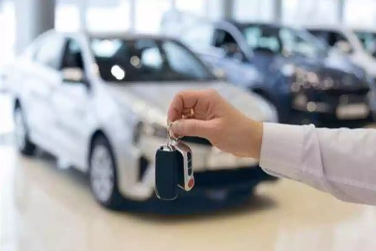 Una mano sosteniendo las llaves de un coche en un concesionario con varios vehículos al fondo.