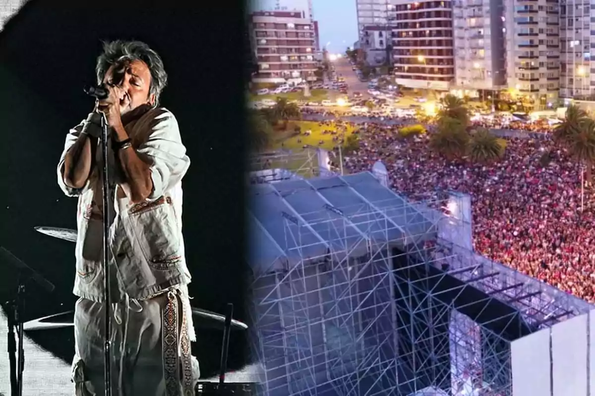 Un cantante en el escenario durante un concierto nocturno, junto a una vista aérea de una multitud reunida en un evento al aire libre en Mar del Plata.