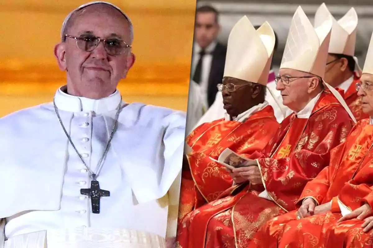 A religious leader dressed in white on the left and several clerics with red vestments and white mitres on the right.