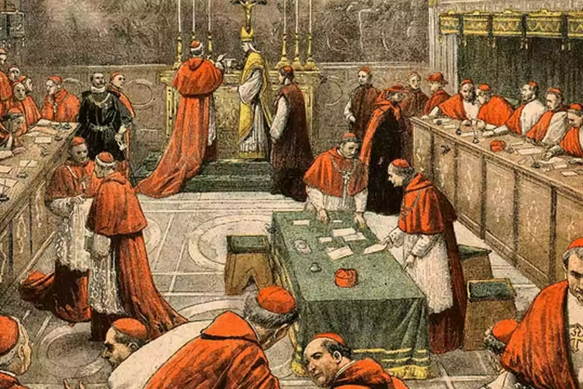 A historical illustration showing a group of cardinals gathered in a conclave, with some of them around a table reviewing documents and others participating in a religious ceremony in front of an altar. A historical illustration showing a group of cardinals gathered in a conclave, with some of them around a table reviewing documents and others participating in a religious ceremony in front of an altar.