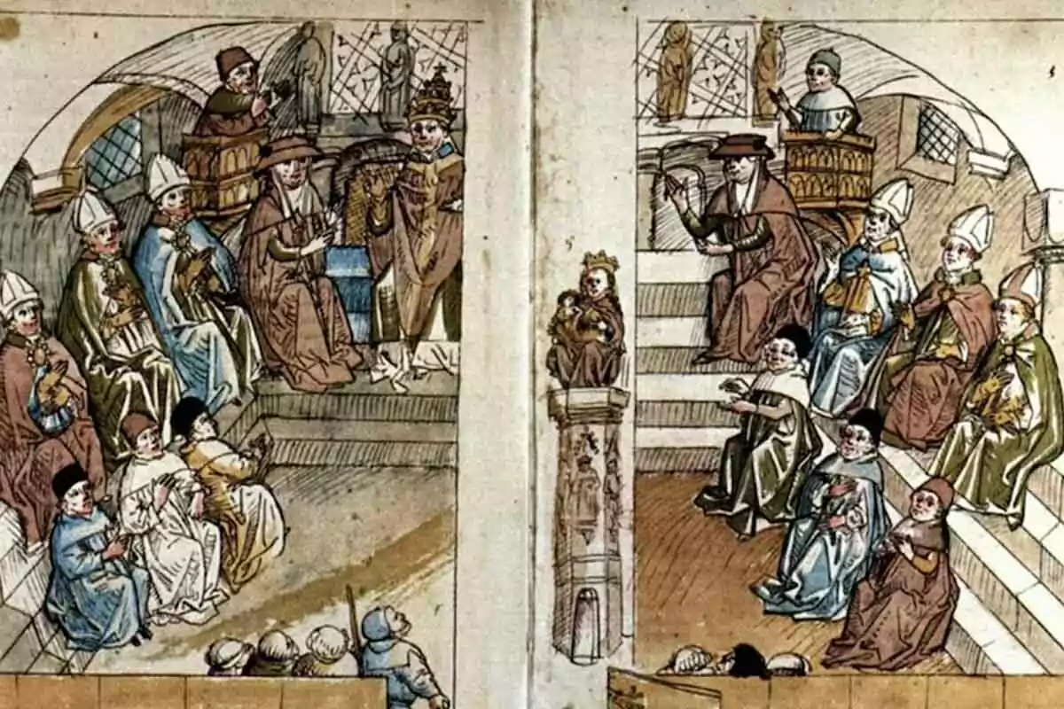 An ancient illustration shows a group of clerics and religious figures seated in an architectural setting, possibly at a council or ecclesiastical meeting, with details of clothing and architecture suggesting a historical and religious context. An ancient illustration shows a group of clerics and religious figures seated in an architectural setting, possibly at a council or ecclesiastical meeting, with details of clothing and architecture suggesting a historical and religious context.