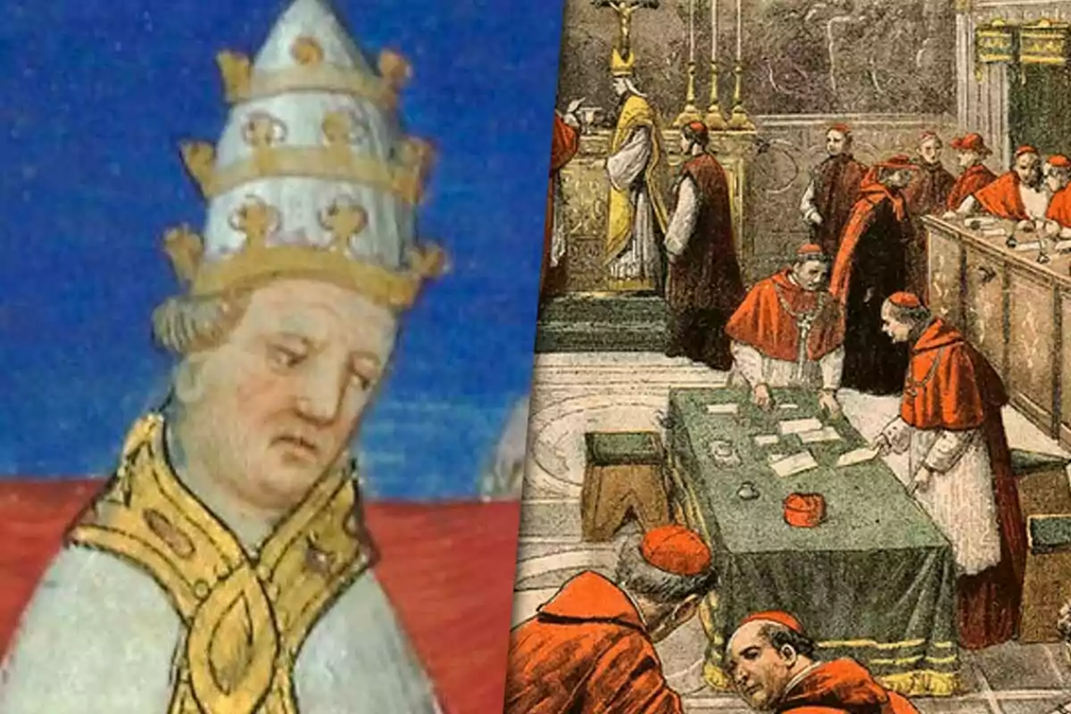 A historical illustration shows a pope with a tiara and cardinals gathered at a council.