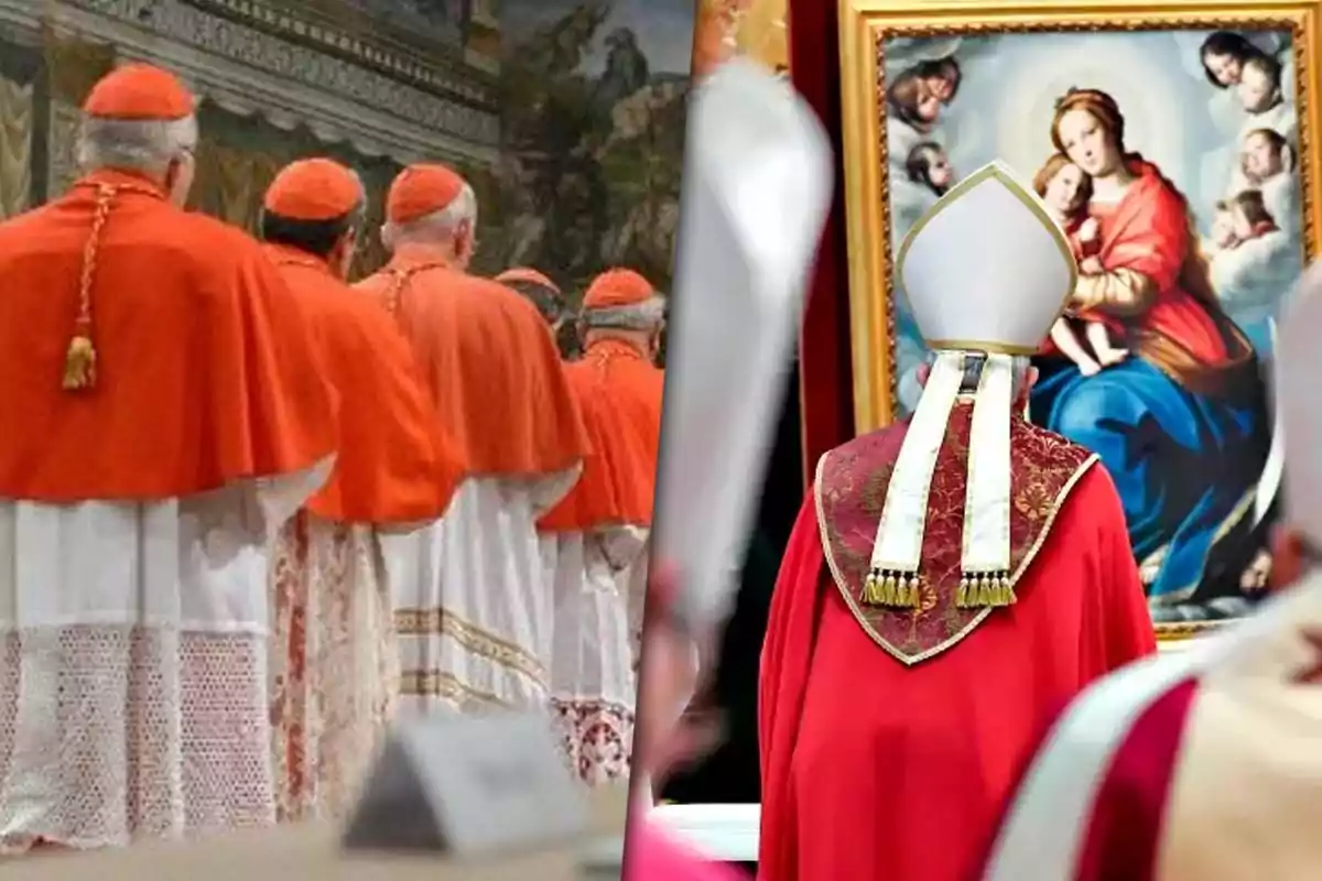 A group of cardinals in red and white garments stands with their backs turned in a religious setting, while a bishop with a mitre observes a painting of the Virgin Mary with the Child Jesus.