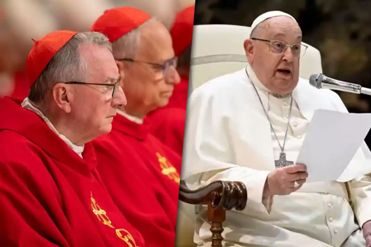 A group of cardinals dressed in red is sitting on the left, while on the right a religious leader dressed in white speaks into a microphone holding a paper.