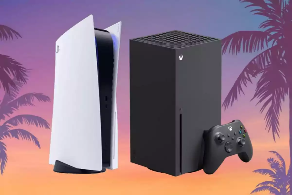 Consolas de videojuegos PlayStation 5 y Xbox Series X frente a un fondo de palmeras al atardecer.