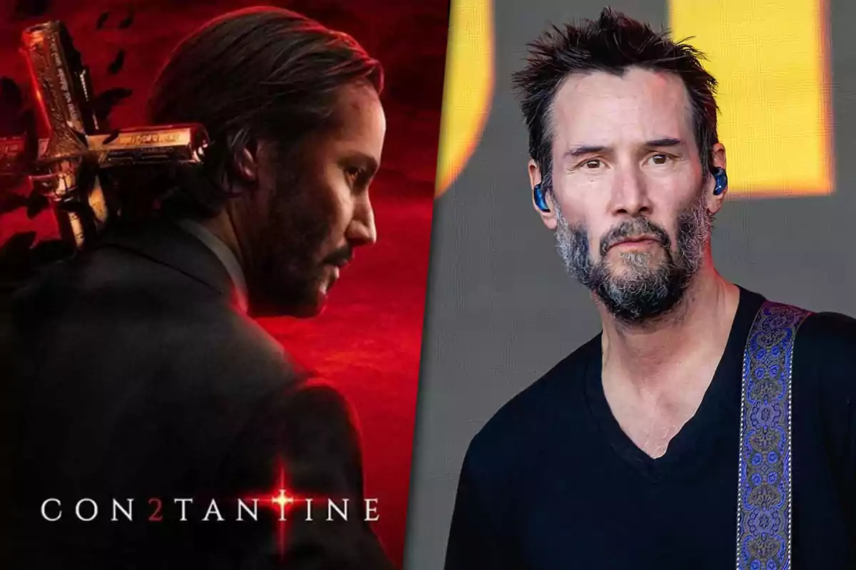 Image split into two parts: on the left, a man in profile with a red background and a golden cross on his back, with the text Constantine; on the right, the same man with a beard and messy hair, wearing headphones and a black t-jersey.