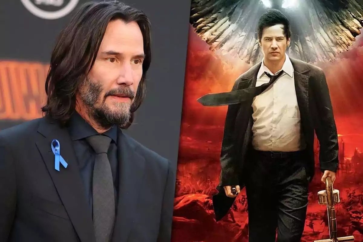 A man with long hair and a beard at an event in a dark suit and blue ribbon (Keanu Reeves), next to an image of a movie character in a suit and tie, red background and wings, part of "Constantine".