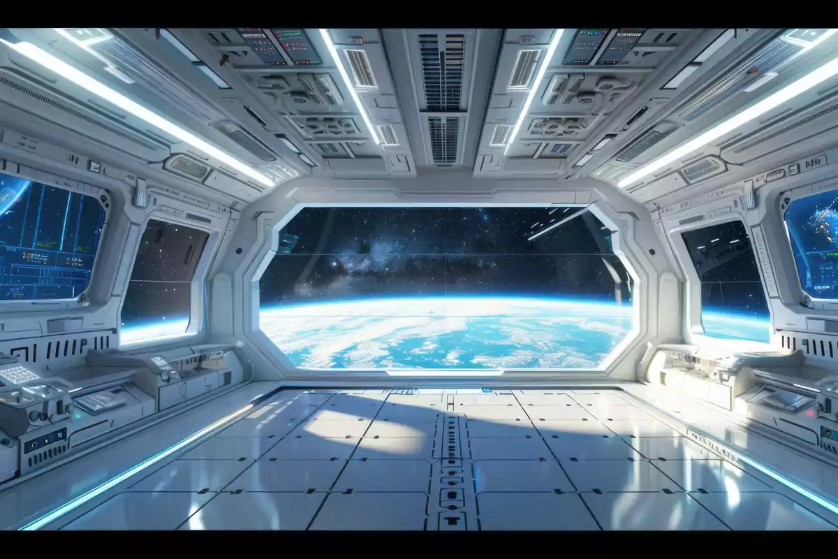 Interior de una nave espacial con vista al espacio y la Tierra desde una gran ventana panorámica.