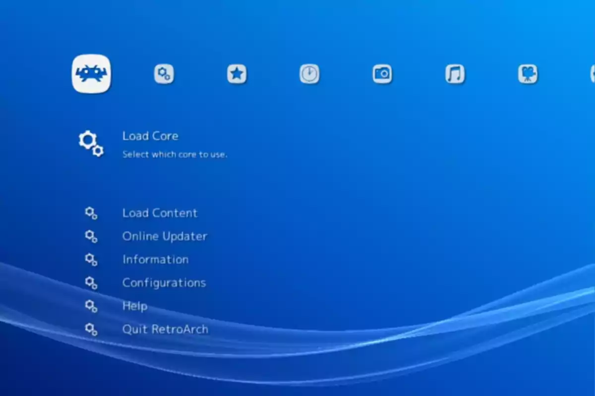 Interfaz de usuario de RetroArch con opciones de menú en un fondo azul.