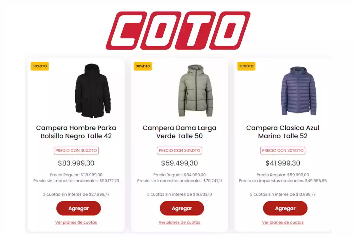 Three winter jackets on sale with 30% off at Coto store: a black one for men, a long green one for women, and a classic blue one, each with its own price and interest-free installment payment option. Three winter jackets on sale with 30% off at Coto store: a black one for men, a long green one for women, and a classic blue one, each with its own price and interest-free installment payment option.