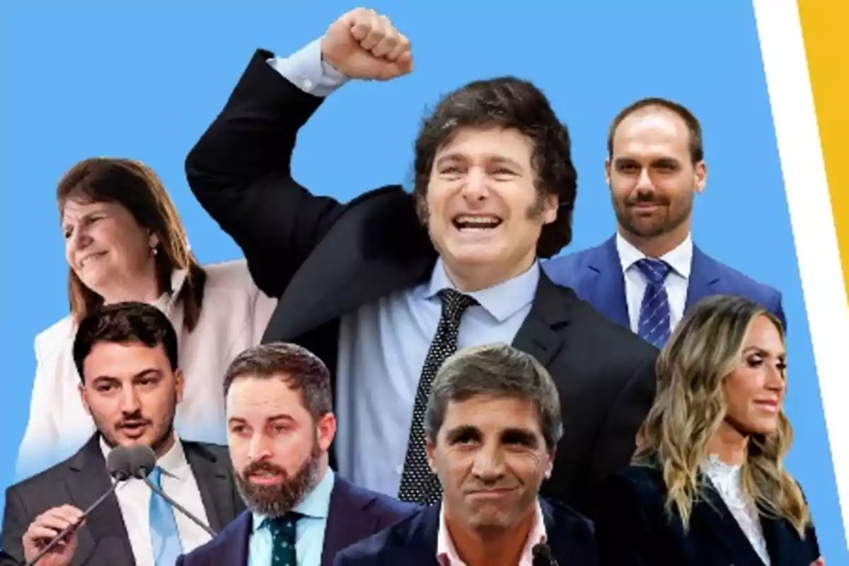 Un grupo de personas vestidas formalmente posando sobre un fondo azul.