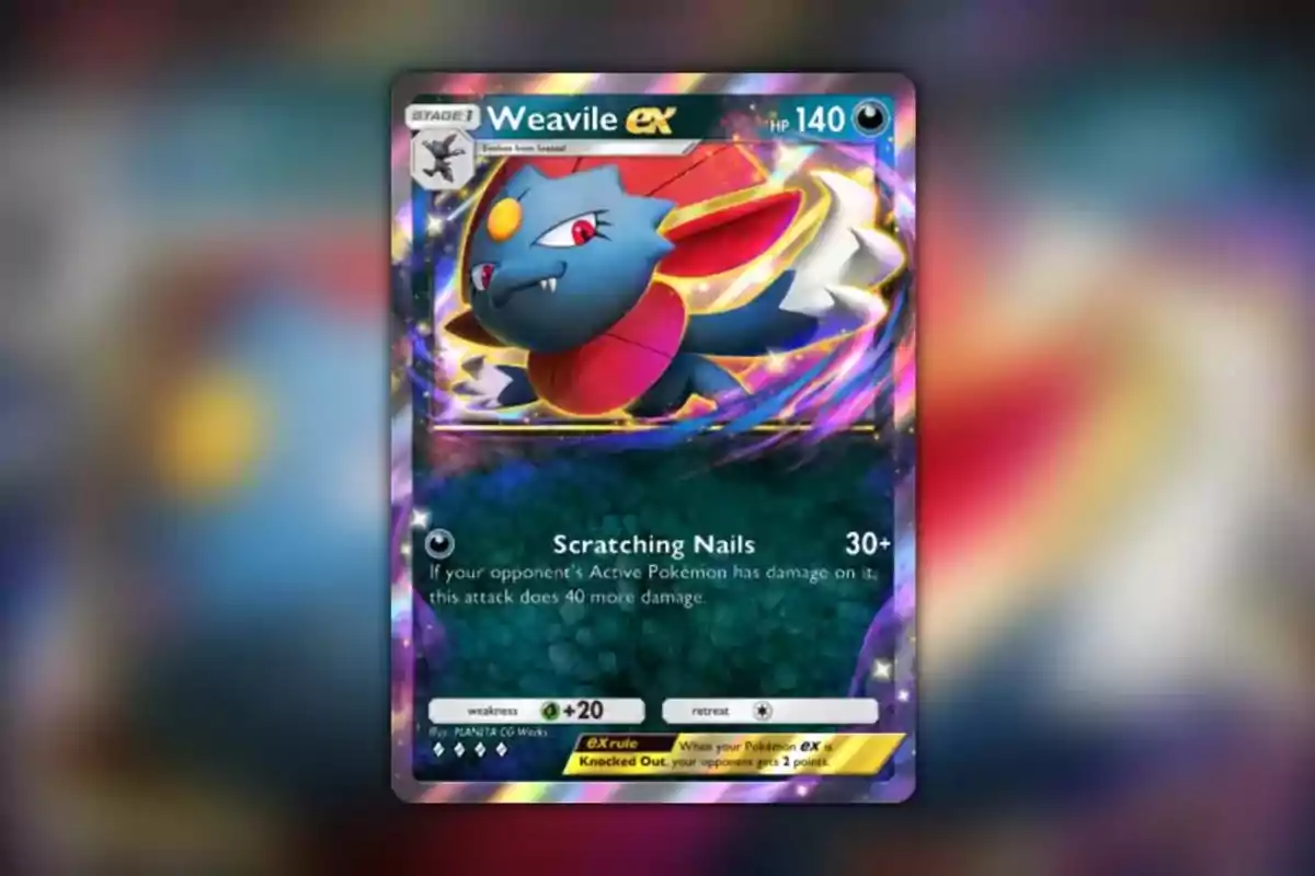 Una carta de Pokémon con un diseño colorido que muestra a Weavile ex con 140 puntos de salud y un ataque llamado "Scratching Nails".