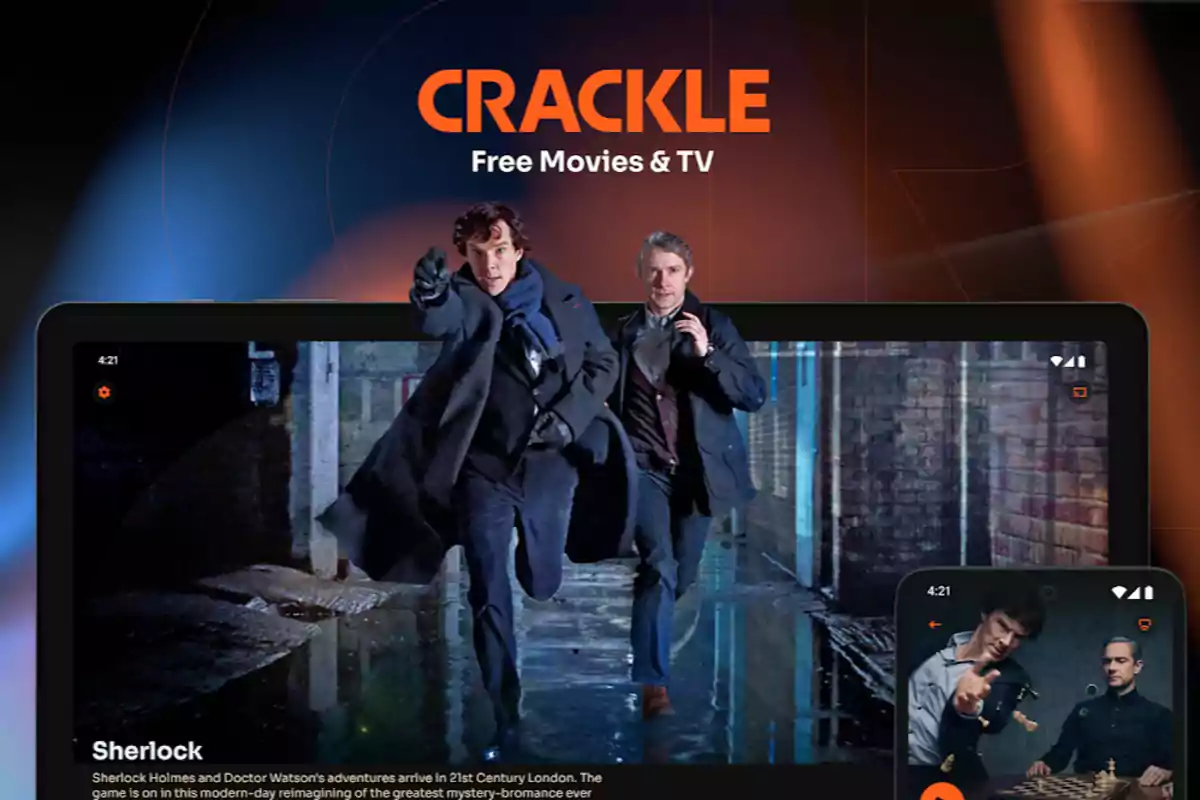 Imagen promocional de Crackle mostrando una escena de la serie Sherlock en dispositivos móviles.