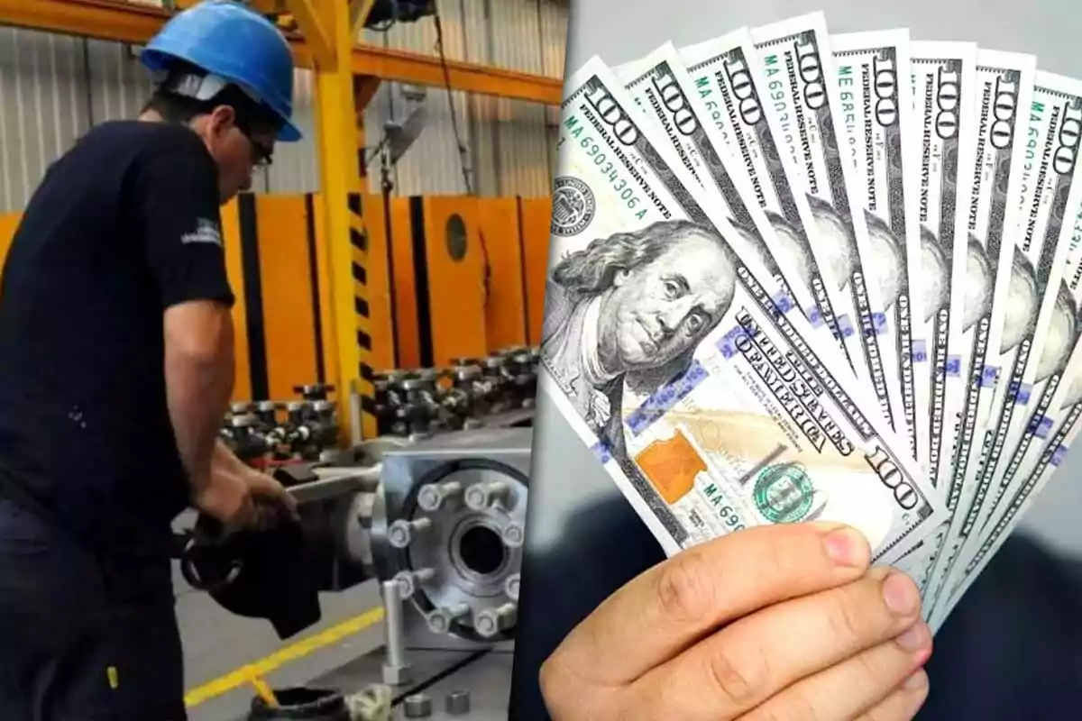 A worker with a blue helmet in a factory next to a hand holding hundred-dollar bills.