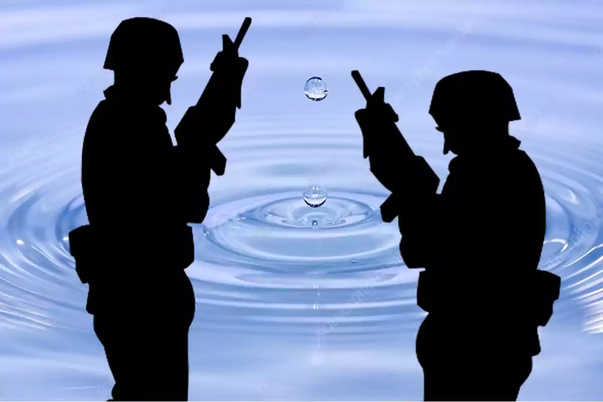 Two silhouettes of armed soldiers standing face to face with a background of water droplets and ripples on the surface