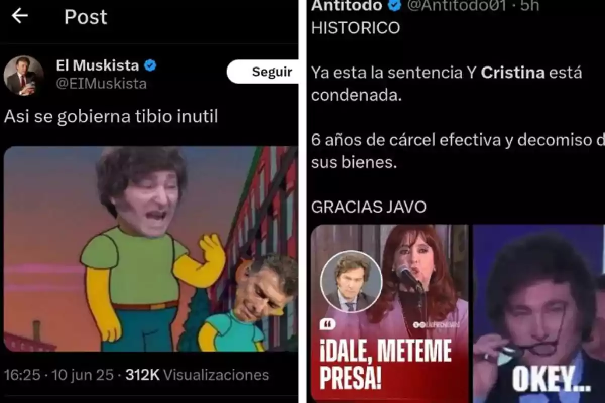 Dos publicaciones de Twitter con memes políticos argentinos, una usando una escena de Los Simpson editada y otra con imágenes de figuras políticas y frases humorísticas sobre una condena judicial.