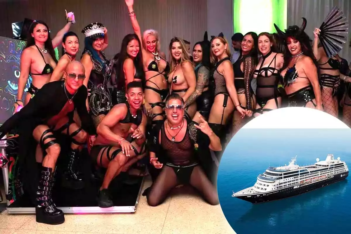 Grupo de personas en una fiesta con vestimenta llamativa y un barco en el mar en el crucero swinger que llegó a Argentina.