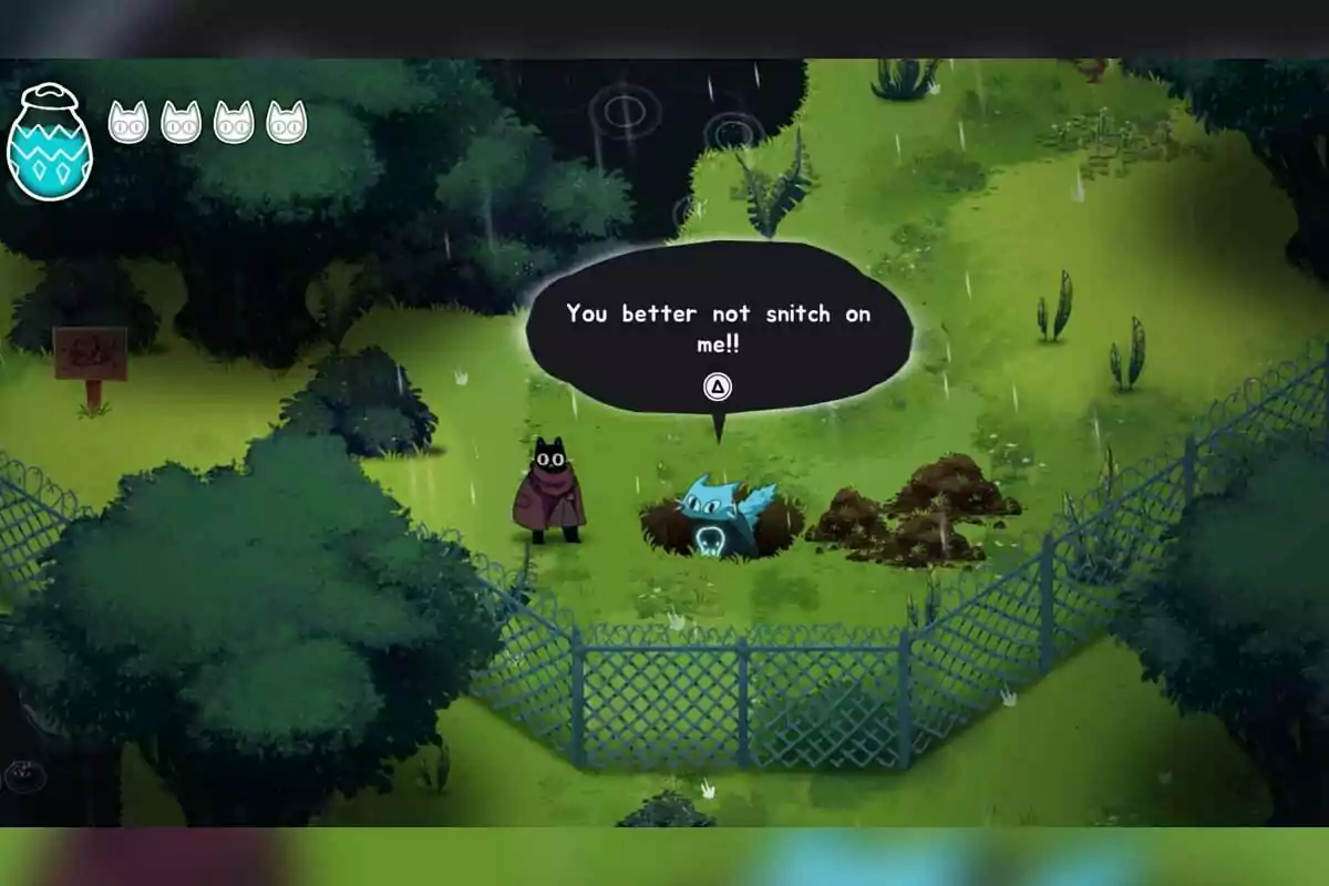 A character with a cat-like appearance is standing next to a blue creature in a rainy forest setting, the creature is inside a hole and there is a message in a speech bubble that says A character with a cat-like appearance is standing next to a blue creature in a rainy forest setting, the creature is inside a hole and there is a message in a speech bubble that says