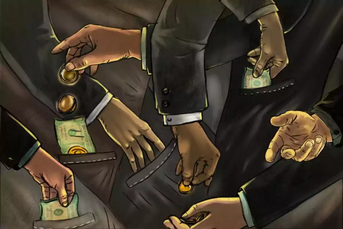 Hands exchanging money and coins in a dark setting.