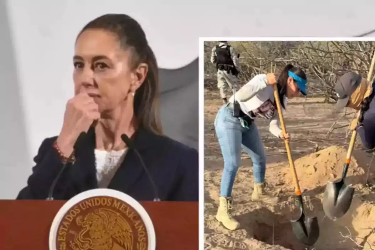 Una persona en un podio con el escudo de México y otra imagen de dos personas cavando en un terreno árido.