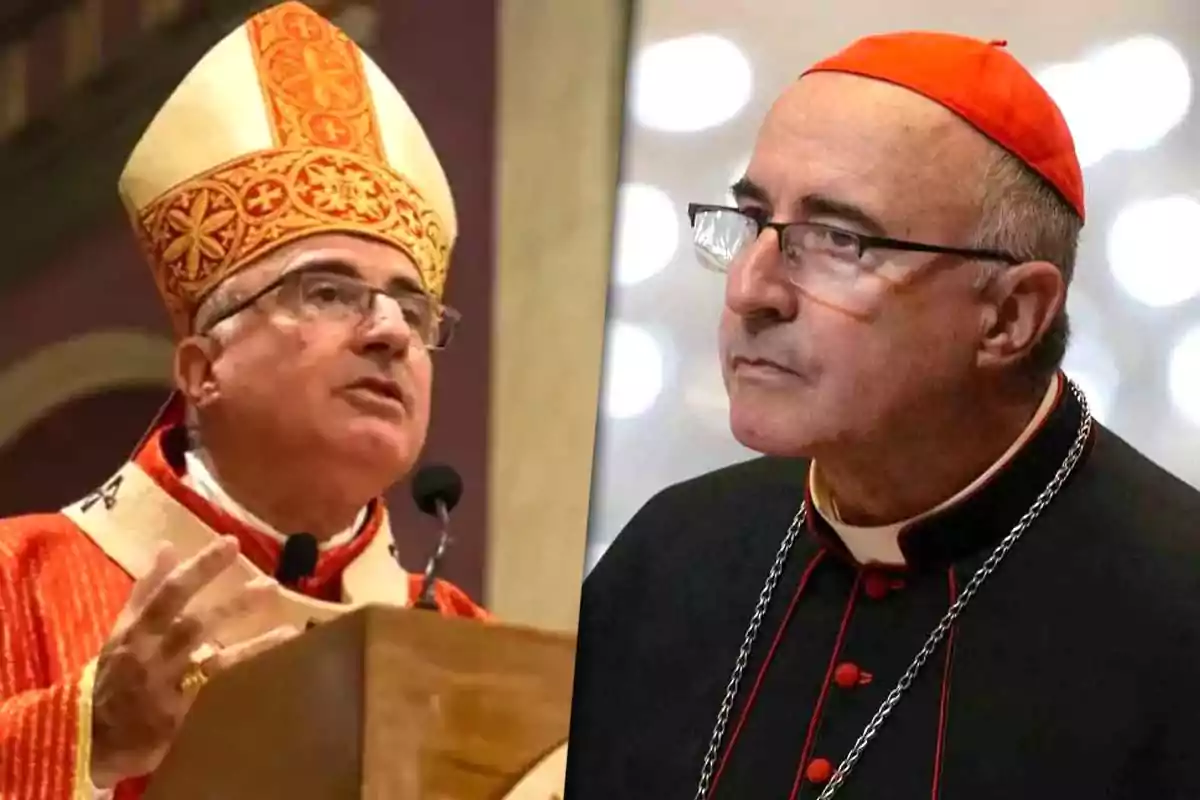 Two Catholic clerics in ceremonial vestments, one with a mitre and the other with a red zucchetto.