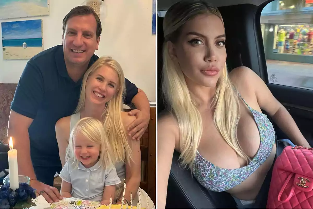 Imagen dividida en dos partes, a la izquierda una familia sonriente con un hombre, una mujer y un niño pequeño celebrando un cumpleaños, a la derecha una mujer rubia con top floral sentada en un auto con un bolso rosa
