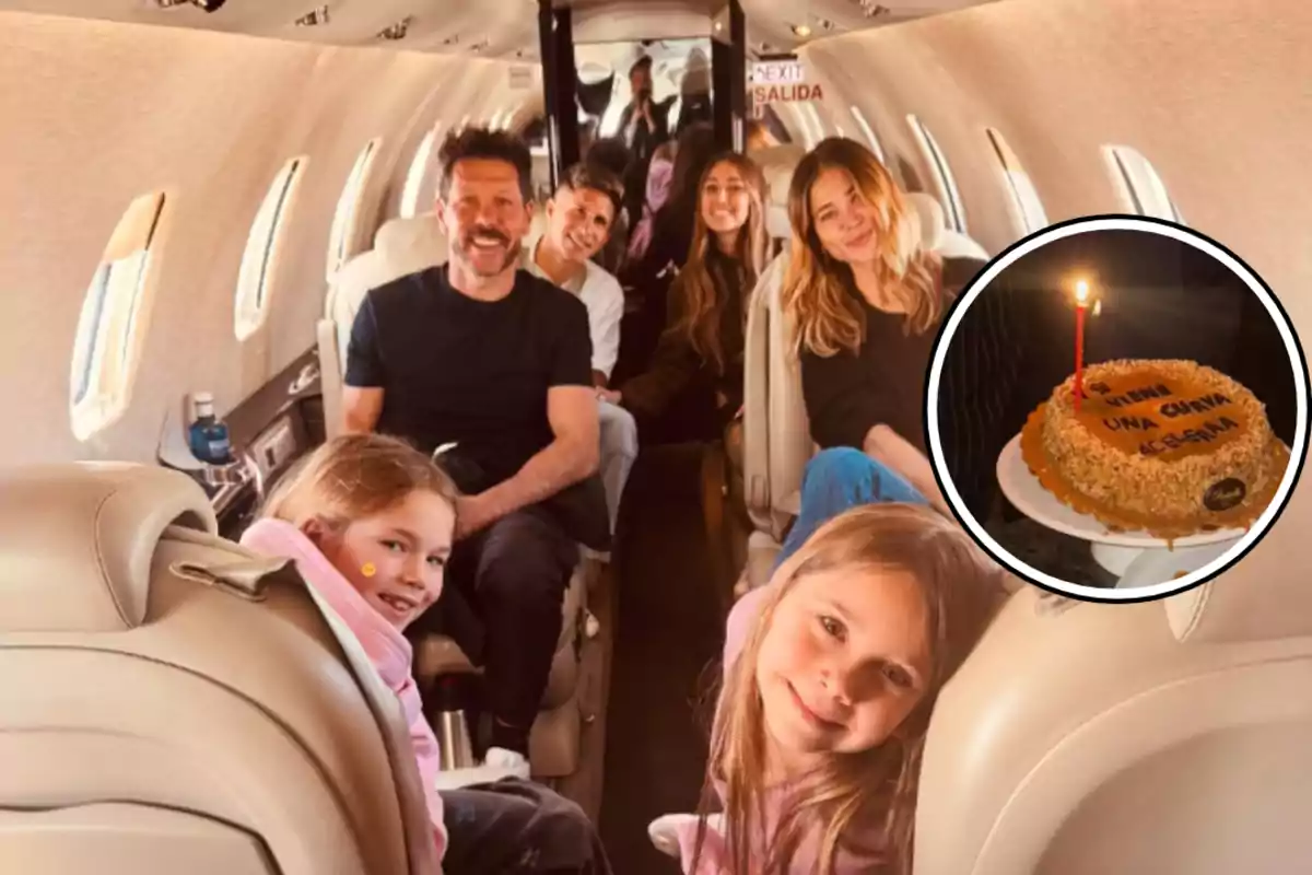 A group of people smiles while traveling on a private plane; in the corner, there is an inset image of a cake with a lit candle.