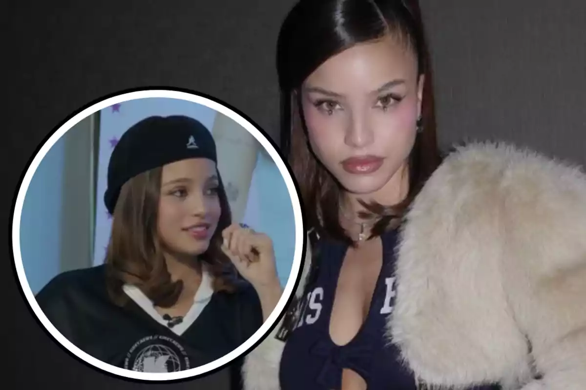 Una mujer con cabello oscuro y maquillaje elegante lleva un abrigo de piel sintética y un top azul con letras blancas mientras que en un recuadro se muestra a la misma mujer con un gorro negro y una camiseta oscura durante una entrevista.