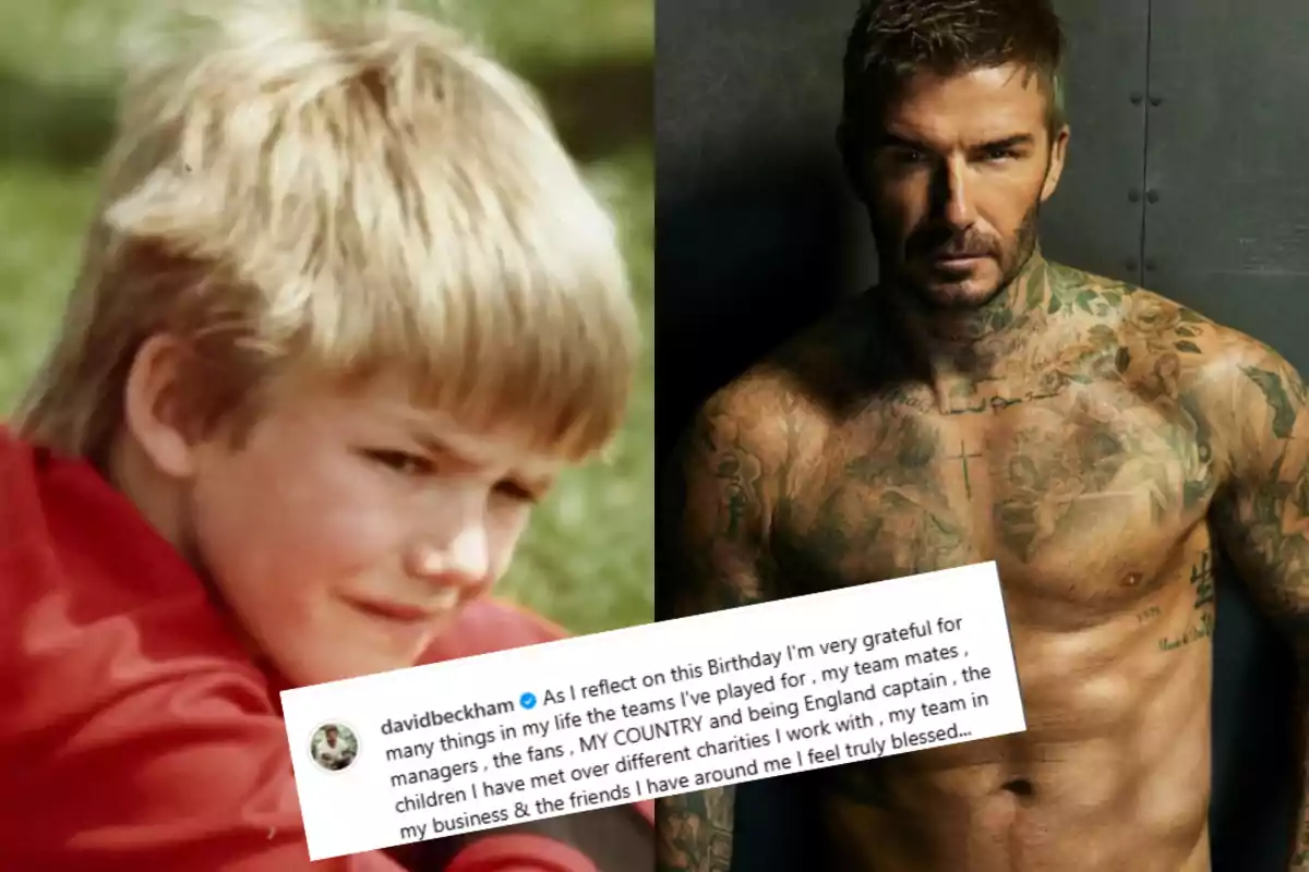 A collage shows a blond boy in a red jersey on the left and a tattooed jerseyless man on the right, accompanied by a thoughtful text about gratitude.