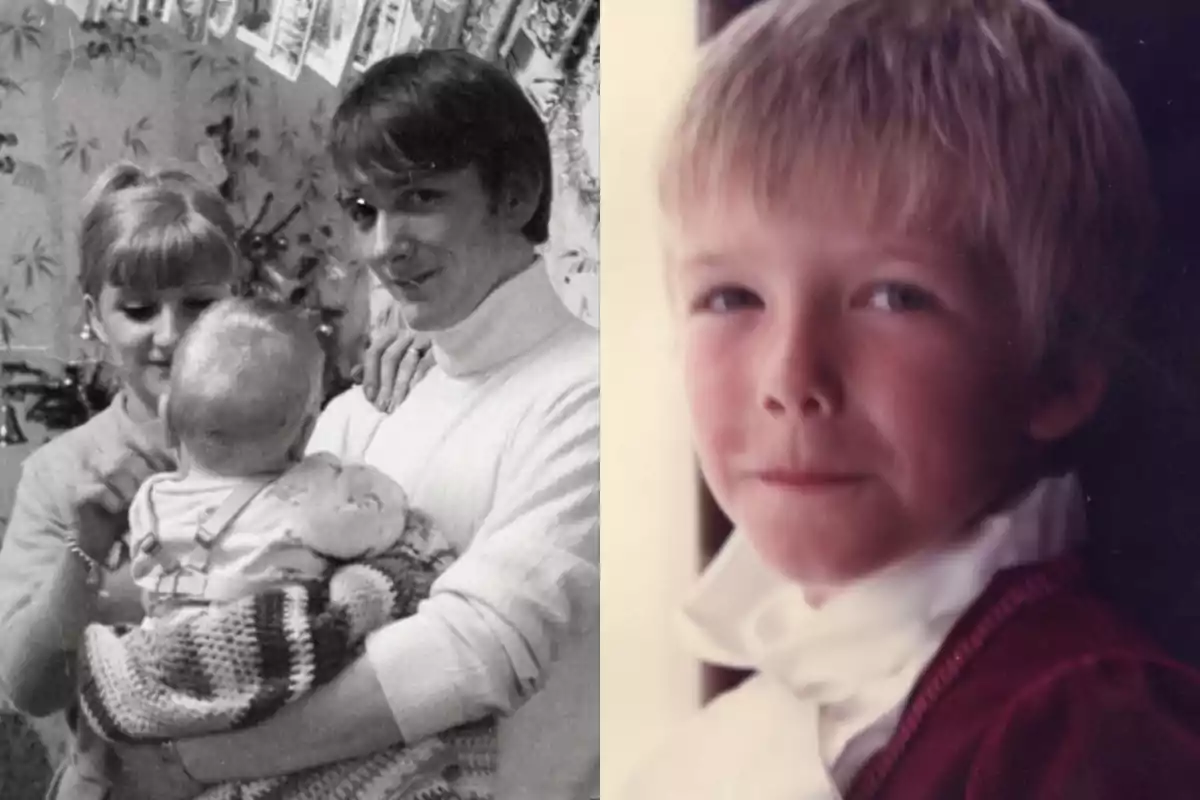 A split image shows on the left a black and white photo of a young couple holding a baby and on the right a color portrait of a small child with blonde hair. A split image shows on the left a black and white photo of a young couple holding a baby and on the right a color portrait of a small child with blonde hair.