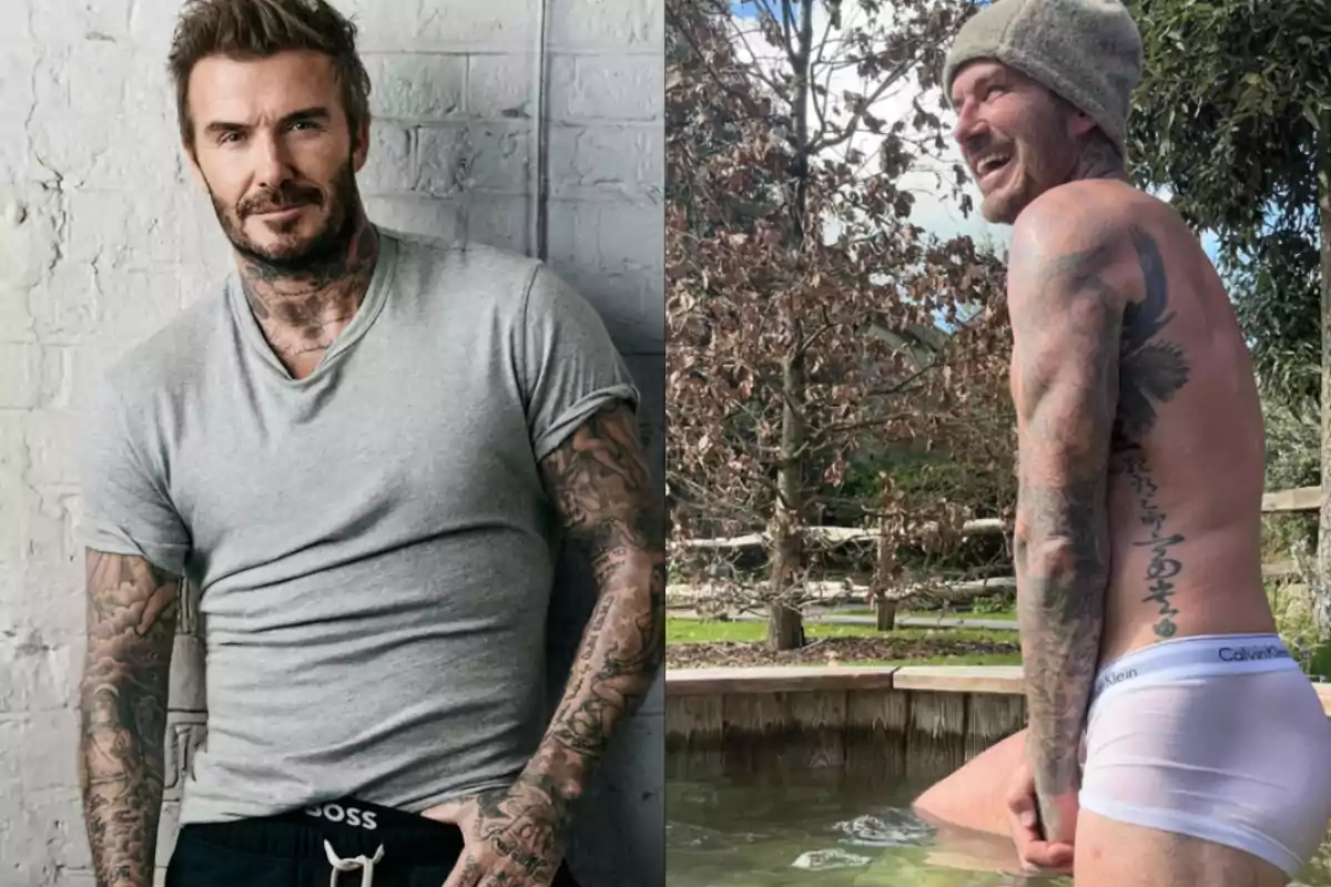 A man with tattoos in two different situations: in the first image, he is wearing a gray t-jersey and posing in front of a brick wall; in the second, he is outdoors, smiling and wearing white underwear next to a pond. A man with tattoos in two different situations: in the first image, he is wearing a gray t-jersey and posing in front of a brick wall; in the second, he is outdoors, smiling and wearing white underwear next to a pond.