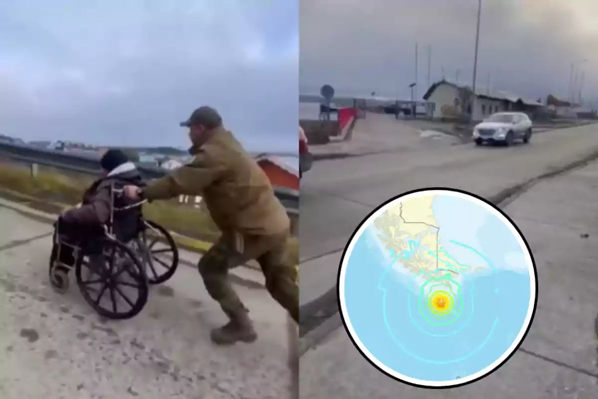 A man pushes a wheelchair down a street while a map shows the location of an earthquake.