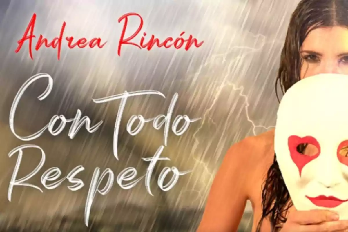 A person with wet hair holds a white mask with red hearts on the eyes and red lips, with the text A person with wet hair holds a white mask with red hearts on the eyes and red lips, with the text