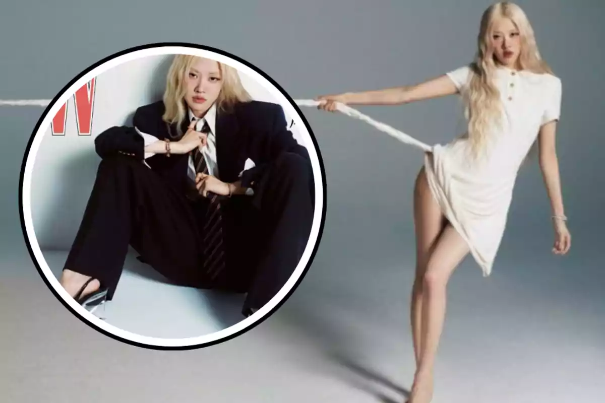 A person with long blonde hair is standing holding a rope that pulls on her white dress, while in an inset the same person is shown sitting in a dark suit and tie.