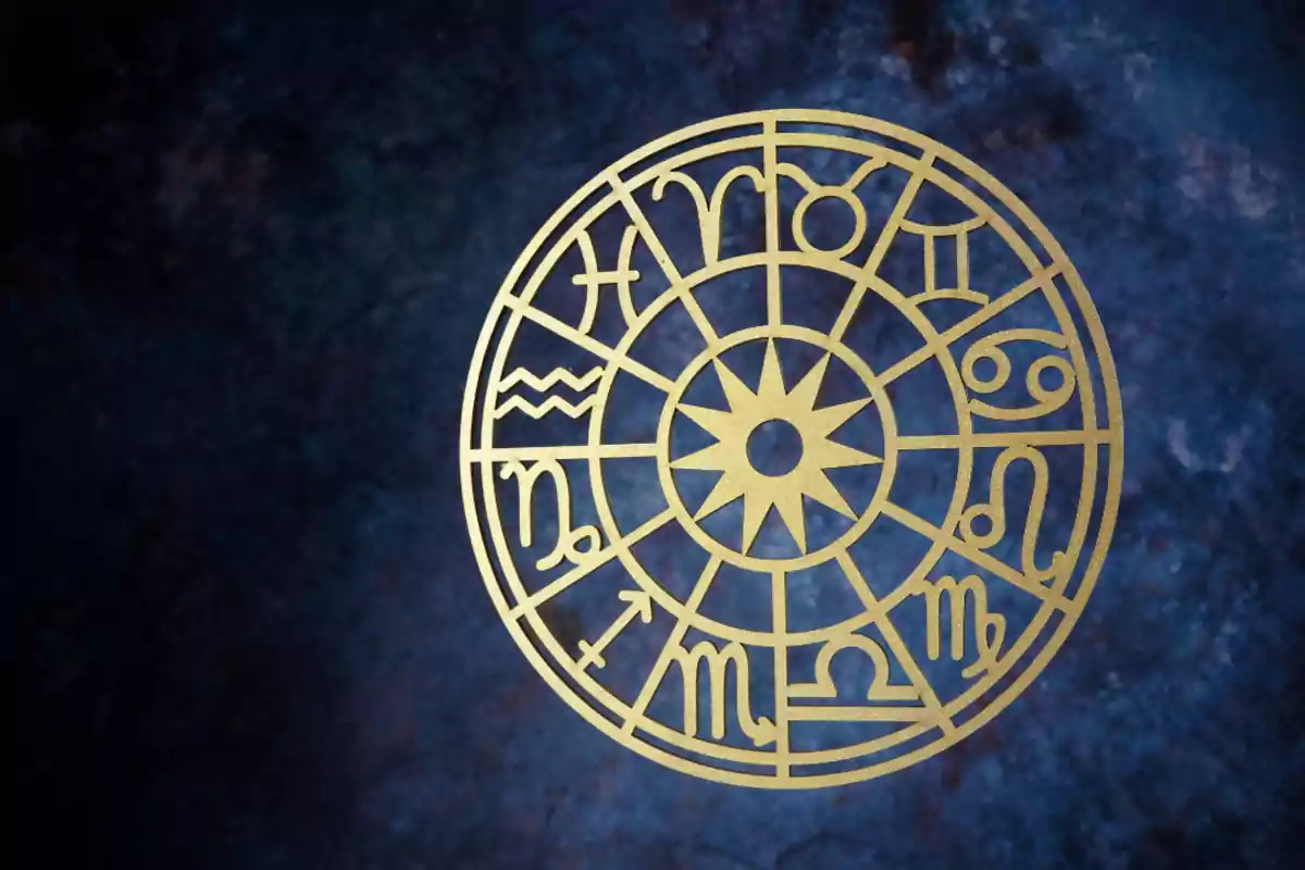 Círculo dorado con símbolos del zodiaco sobre un fondo azul oscuro.
