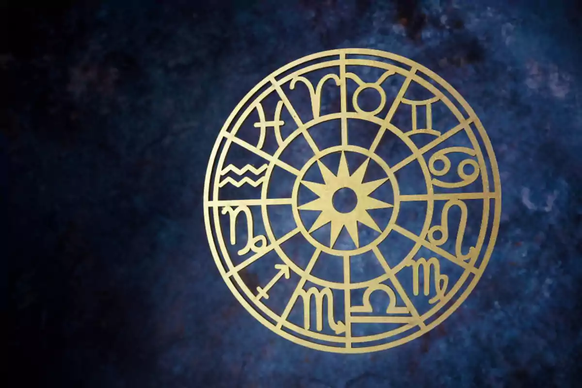 Círculo dorado con símbolos del zodiaco sobre un fondo azul oscuro.