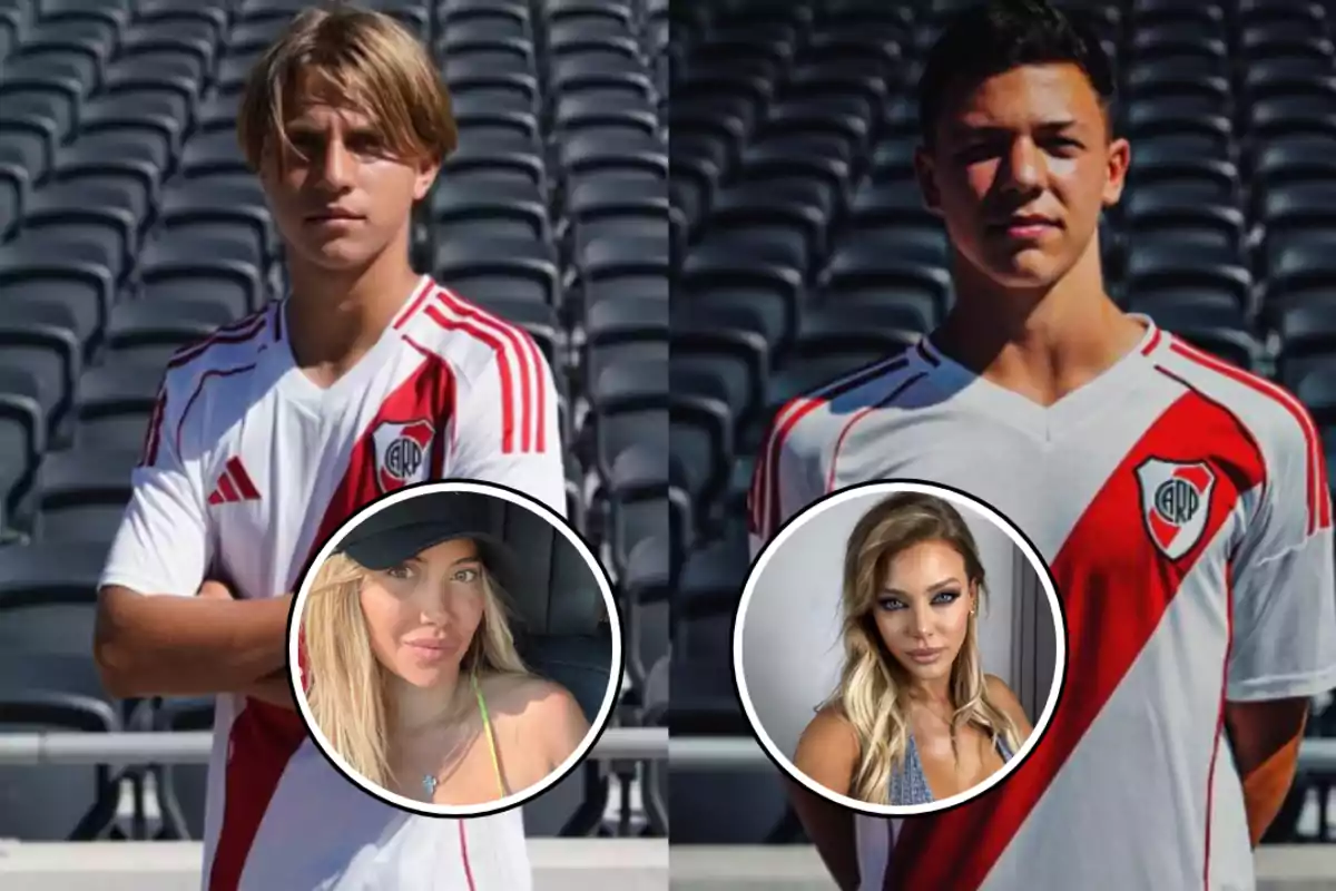 Dos jóvenes con camisetas de fútbol de River Plate posan en un estadio vacío, con imágenes de dos mujeres en círculos superpuestos.