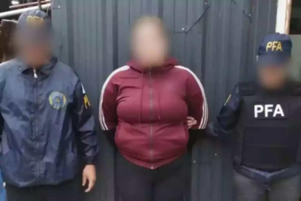 Tres personas de pie, dos de ellas con uniformes de la PFA, flanquean a una persona en el centro con una sudadera roja.